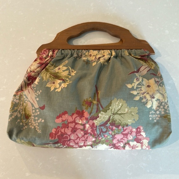 Vintage 50’s Barkcloth Seafoam Multi Floral Wooden Handle Bag - Picture 11 of 11